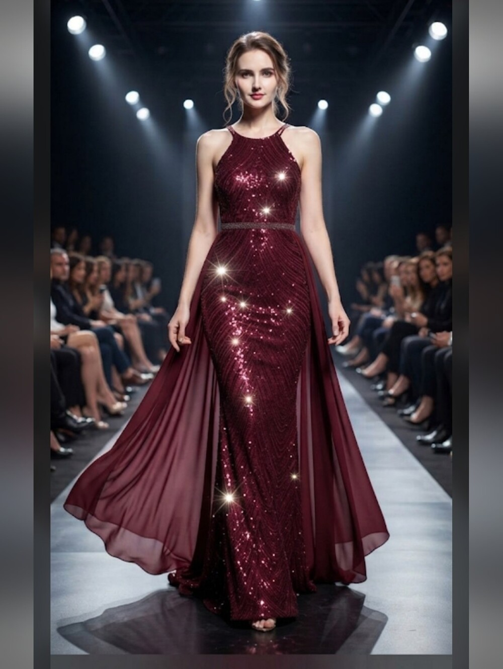 Burgundy, O Neck, Sleeveless, Detachable Skirt, Sequined Mermaid Gown